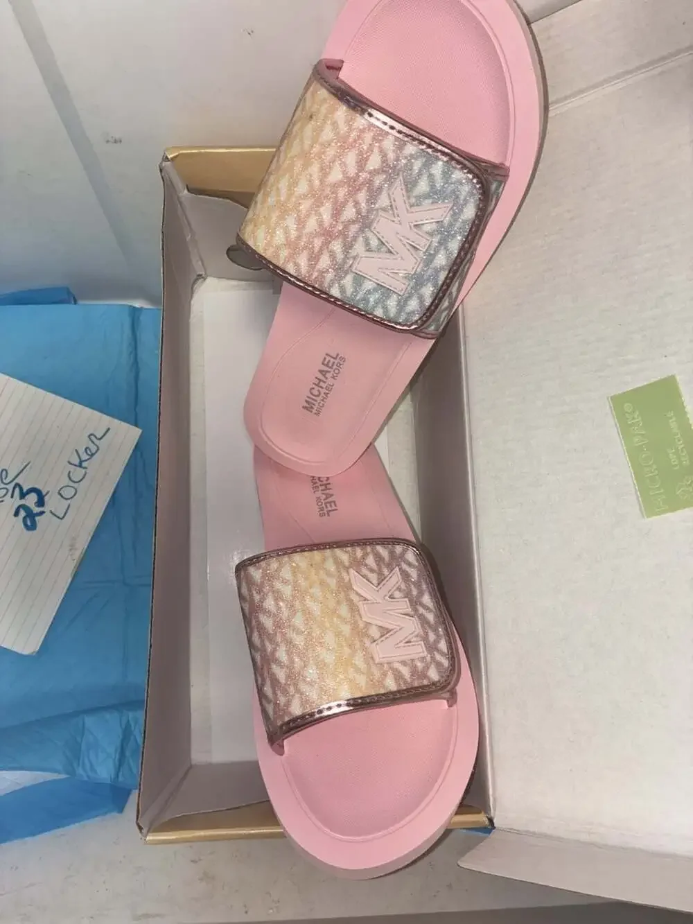 Michael Kors Eli Seneca Girls Glitter Logo Slide Sandals